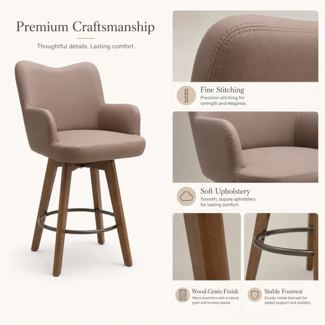 Set of 2 Counter Height Bar Stools with Arms, 26 Inch PU Leather Kitchen Island Chairs, Brown image 6