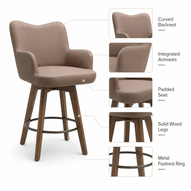 Set of 2 Counter Height Bar Stools with Arms, 26 Inch PU Leather Kitchen Island Chairs, Brown image 3