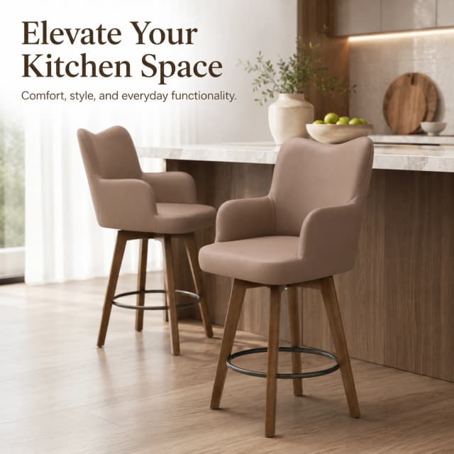 Set of 2 Counter Height Bar Stools with Arms, 26 Inch PU Leather Kitchen Island Chairs, Brown image 7