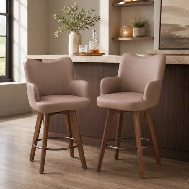 Set of 2 Counter Height Bar Stools with Arms, 26 Inch PU Leather Kitchen Island Chairs, Brown image 5